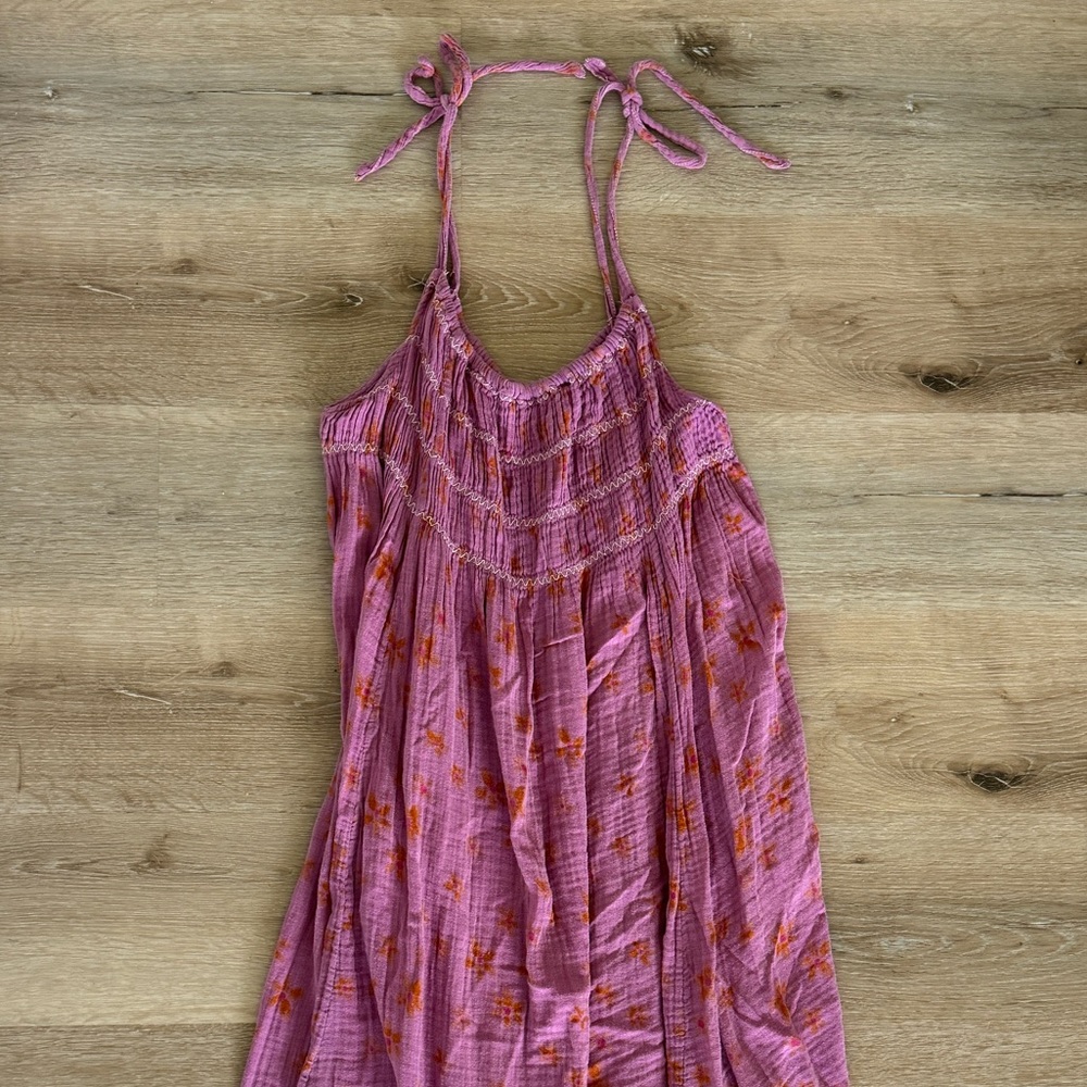 Free People Azure Maxi Dress Pink Smocked Floral Spring Pockets Women's Large